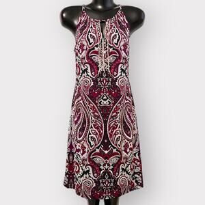 INC Womens Jewel Neck Mini Shift Dress with Bling sz M Black Burgundy Paisley